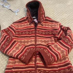 100% wool HEAVY made in Nepal fair Isle sweater coat Hooded Jacket XL